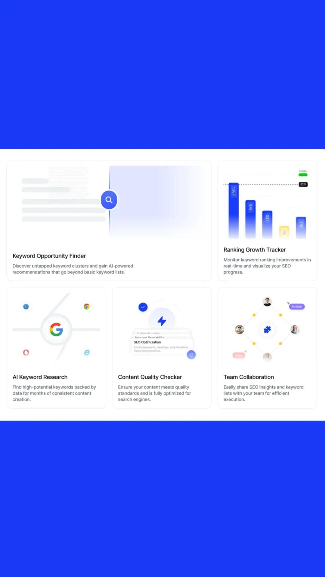 SEO dashboard showing real-time performance metrics and growth trends.